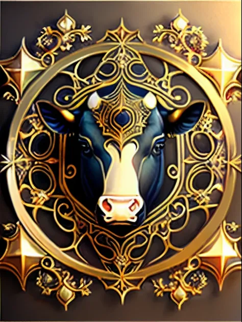 （Zodiac cow） Simple style, Best quality, Beautiful,Fractal art，Holy light,gold foil,Gold leaf art，Represented in the picture