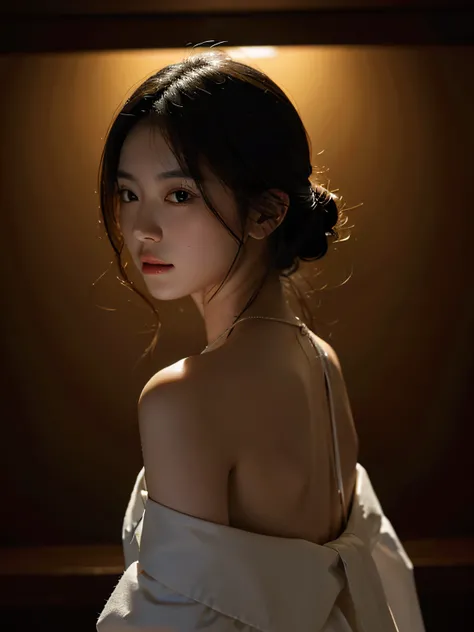 best qualtiy，tmasterpiece，超高分辨率，（真实感：1.4），RAW photogr，1girll，cropped shoulders，in the darkness nigth，deep shading，low tune，cold light，head portrait，He had sashimi on him, Half-prayer words were written on his body