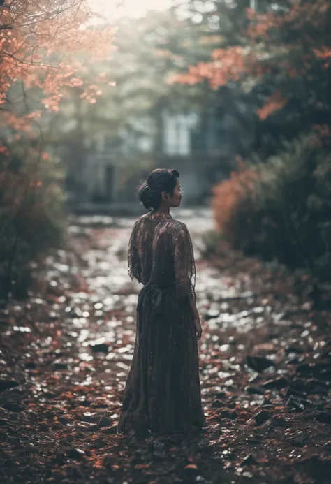 The image of an older woman, A dark-haired, Photo, 8K, Dark action, Dynamic, Washed Pale Style, Cracked lens, Nostalgic dreamer, Soft Focus, dark vignette, light  leaks, Medium photo, Ethereal artistic dark photos, capricious, Coarse-grained photo、japanes、...