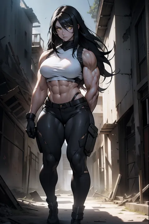 1 girl, black hair, yellow eyes, very long hair, pale skin, ((((extremely muscular)))), large breasts, curvy, abandoned ruin, shadow, dark atmosphere