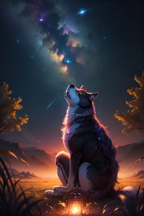 A wide landscape photo, (viewed from below, the sky is above, and the open field is below), a wolf sitting on grass field looking up, (full moon: 1.2), (meteor: 0.9), (nebula: 1.3), distant mountains , Trees BREAK Crafting Art, (Warm Light: 1.2), (Firefly:...