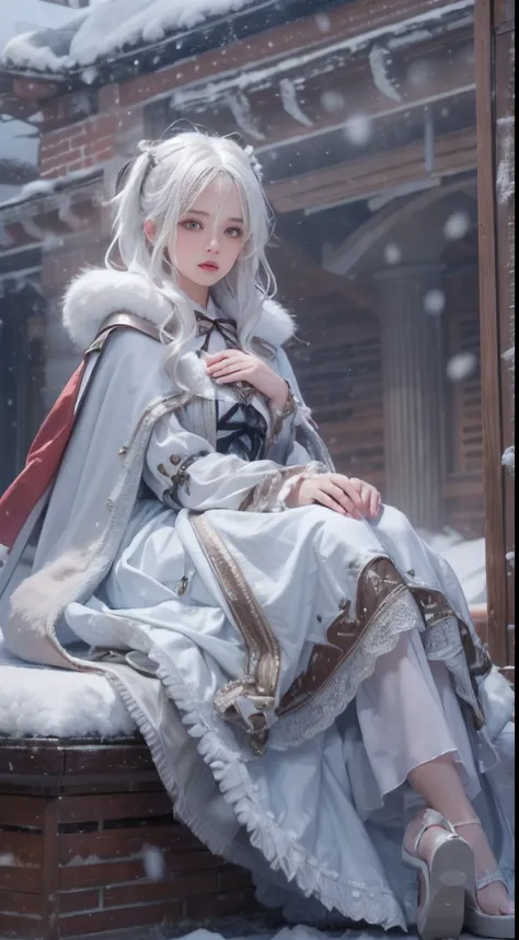 (8K, RAW photo, Photorealistic:1.4)， high resolution, 1 Women, Solo,。.。.3D，Sitting,(Lolita costume)，Wear a flowing skirt， Beautiful eyes, White hair, ringed eyes, (sitted，Cloak，Heavy snow)，snowfield