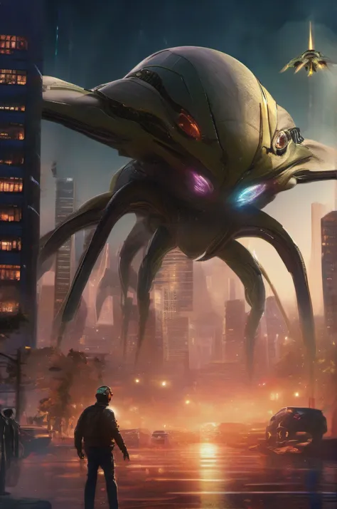 A futuristic city under heavy attack by an alien invasion, huge insectoid-shaped  space-ships flying over the city destroying buildings and cars with pulsating spiralic laserbeams, cinematic hyperrealistic highly detailed drawn characters and giant alien-s...