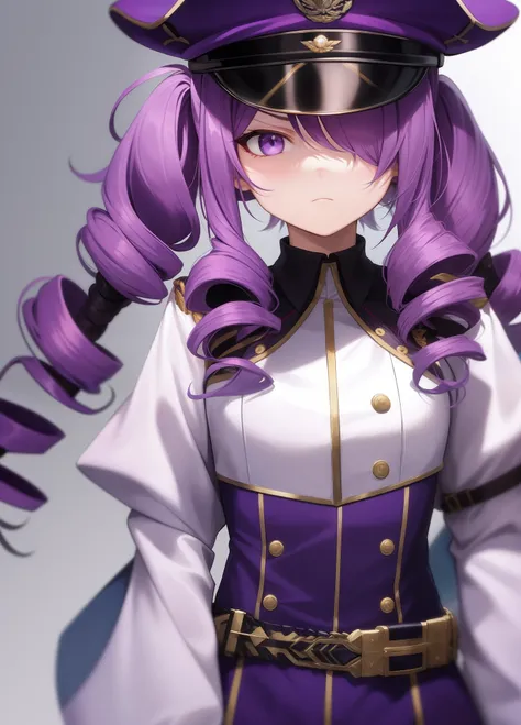 Eight-year-old girl，Purple hair，hair on one eye，Purple military uniform，Purple military cap，Super detail，quad drills，Serious expressions