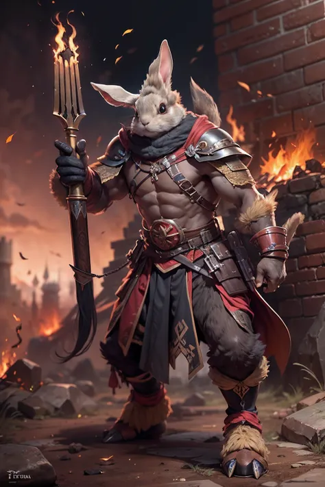 （anthropomorphic turtle），（rabbit warrior：1.4），coda，a tall body，Stout limbs，disdain，ran，tosen，The long hairs of the flame fluttered in the wind，combats，Dynamic lines，Dimly lit battlefield，Ruined castle，（stereoscopic perspective：1.4），Works of masters，super-f...