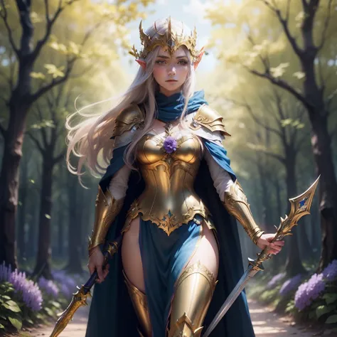 Elven Maiden，Golden armor，Golden helmet，Long sword in hand，Wearing a blue cape，cabellos largos dorados，forest backgrou，purple flower，Small rivers