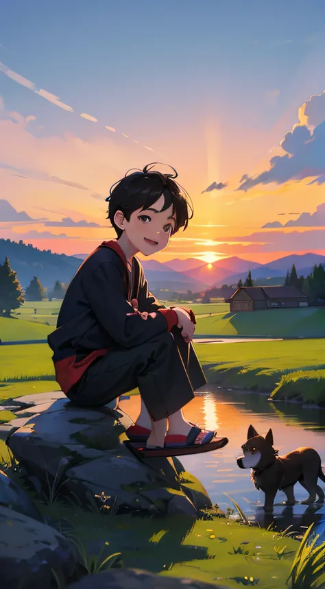 A happy little boy，Dressed in casual attire，Wear slippers，Sit on the rocks of the meadow，The background is the village，There is a cute little dog next to it，Sunset and sunset，Face the camera，Full body photo，Ultra-high definition