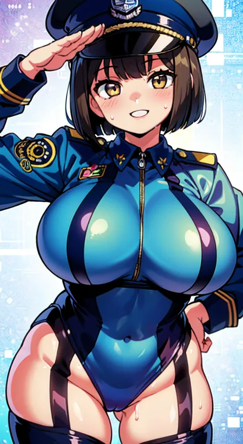 (Perfect body),Best Quality,masuter piece、(8K Portrait),(Official art)、((Police Woman)),((Police Hat))、blush,(Sweat),((((large udder))))、(Adult Woman)、(Dark hair),((bob cuts))、Yellow eyes,(thick thighs)、(Cowboy Shot)、(((((Navy blue leotard)))))、(((Salute w...