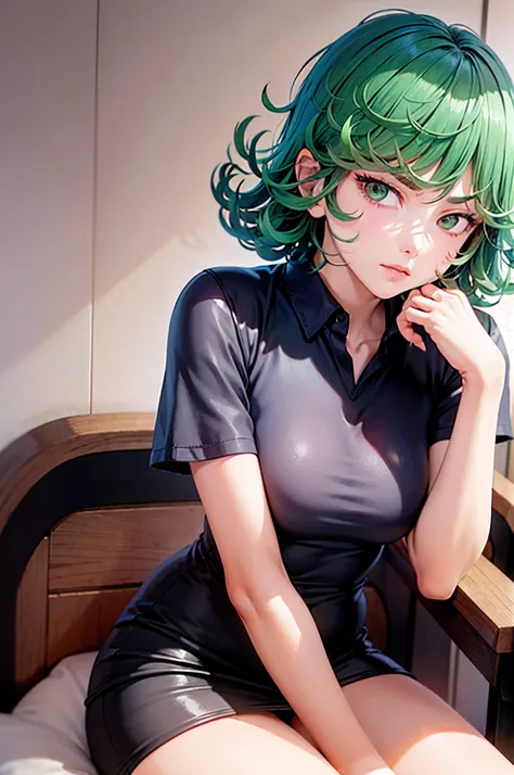 (masterpiece, best quality:1.2), 独奏, 1girl, tatsumaki, unamused, closed mouth, looking a viewer, hand on our face, sitting, shor...