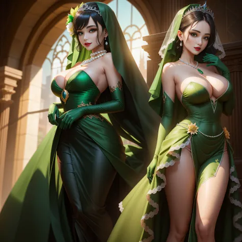 Two women in green dresses pose for photo, Green Dress Flower Cleanser，Sense of atmosphere, best qualtiy，tmasterpiece，1girll，30-years old，Green dress，Daytime Church，full body Esbian, Green gloves，With short black hair,Emerald tiara，big breasts beautiful，lo...