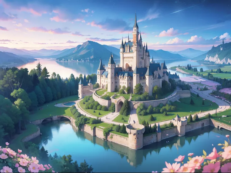 masterpiece, best quality, 8k resolution, sharp focus, intricate detail, beautiful landscape, fantasy storybook castle, magical landscape, colorful, whimsical, magical, high resolution, fine details, fantasy, lake, flowers, garden, village, (huge castle), ...