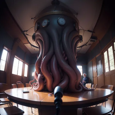 Politicians in a discussion desk being controlled by tentacles comming from the celling atached on theirs back