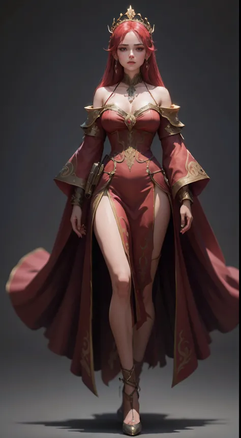 Game character pose design, Character concept map, Character design table, magister, A gorgeous red robe wraps around the whole body, The ornate strands are set with magical gemstones, Water magic, High heels, Different layers are stacked, solid color back...