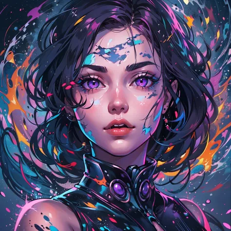 portrait, hourglass body, beautiful girl, purple eyes, galaxy eyes, wide hips, small waist, in the style of crisp neo-pop illustrations, swirling colors, bold and colorful portraits, uhd image, futuristic victorian, splattered, masterpiece, best quality