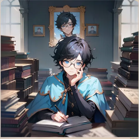 with short black hair，Young men，high school senior，Black round frame glasses，Blue by Capelet，The interior is a dress，Messy hair，The background is the library，4k，dingdall effect，Poster style