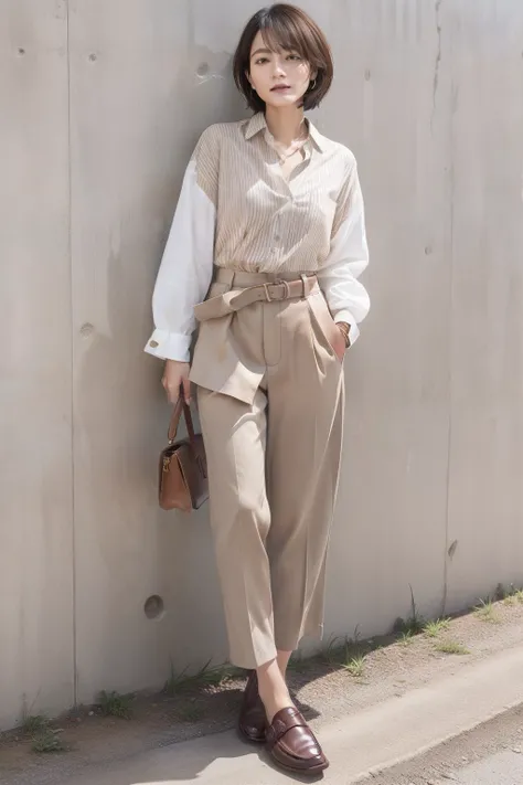 Manish business style portrait in spring and summer。The model has short hair in natural brown tones、side parted。She fits thin stripes、loose necktie、White button-down shirt、Wear loafers。Accessories include、Includes leather watch and simple leather strap。