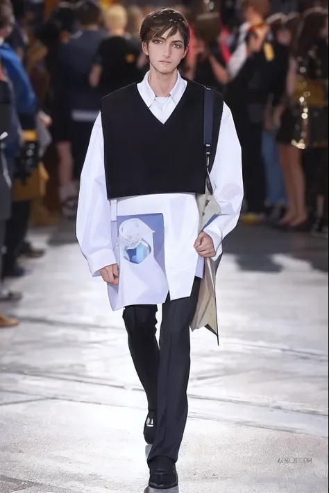 Arafad image of a man walking on a runway in a vest, raf simons fashion couture, post modernist layering, raf simons, comme des garcon campaign, balenciaga fashion, off - white style, margiela campaign, highly fashionable, style blend of the vatican, 2 0 2...