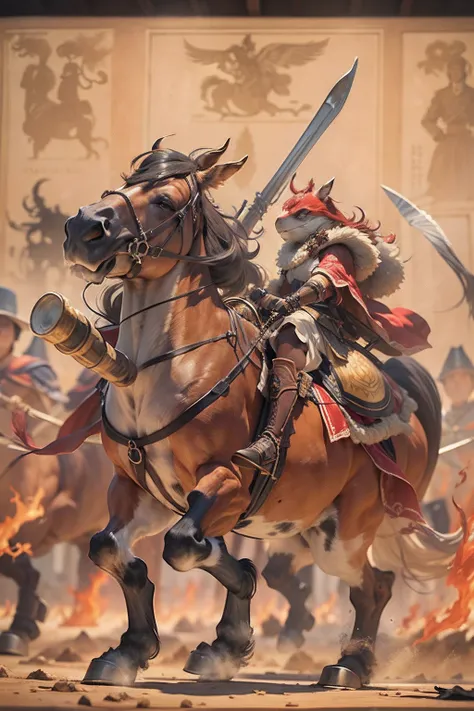 （anthropomorphic turtle），（Horse-headed warriors：1.4），coda，a tall body，Stout limbs，disdain，ran，tosen，The long hairs of the flame fluttered in the wind，combats，Dynamic lines，Dimly lit battlefield，Ruined castle，（stereoscopic perspective：1.4），Works of masters，...