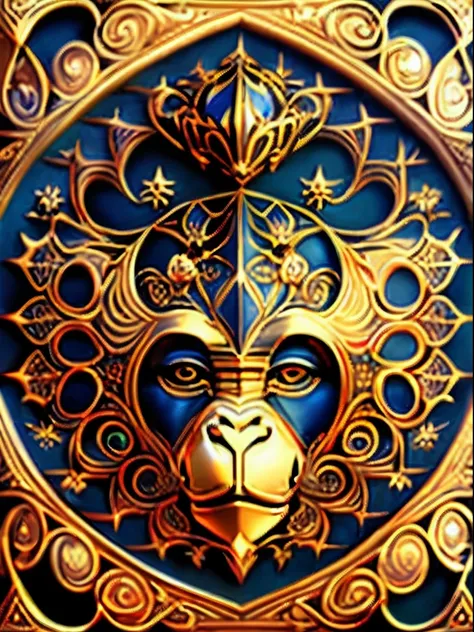 （Zodiac monkey heads） ، simple, Best quality, Beautiful,Fractal art，Holy light,gold foil,Gold leaf art，Self-luminescence，Represented in the picture