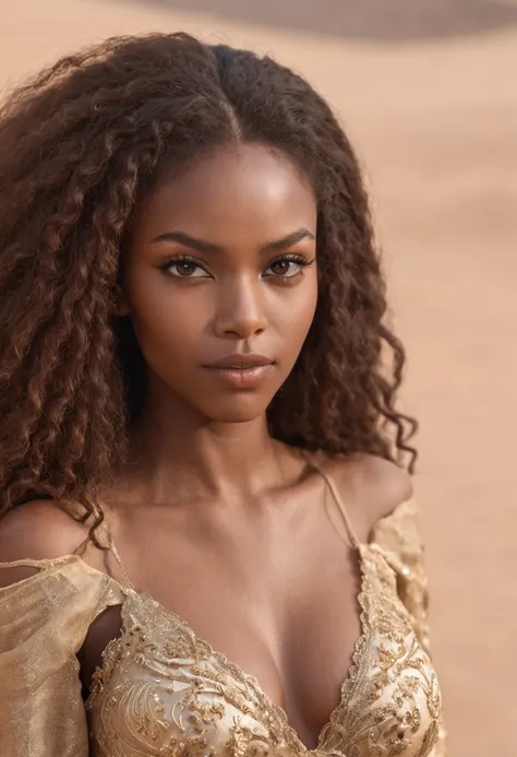 dark brown skin, beautiful face, afro hair, natural afro, long hair, african tribal theme, gold jewelry, ((crystal clear hazel eyes:1.2)), detailed eyes, beautiful eyes, ((masterpiece, UHD, 8K)), Depth of field, sand dunes, cleavage, large breasts, focus o...