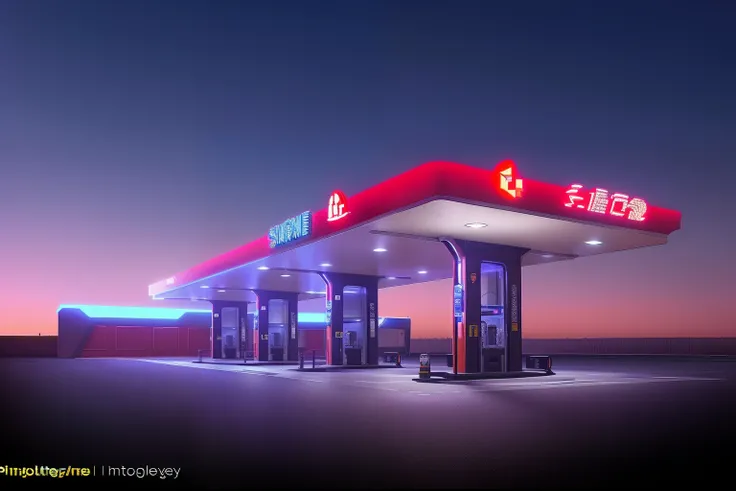 ((Masterpiece, Best quality)), 8K,gasstation，Canopy，pillar，petroleum，chemical industry，morden style, Technologie，Simple，Contrast，The color is bright，Space elements，epcot，photographrealistic, hyperedetailed photo, Clean skies, Lots of cars，lots of people，Th...