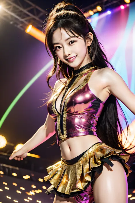 Kamei Eri from Morning Musume stands center stage, bathed in the glow of concert lights. Shes wearing a shimmering gold costume, reflecting the grandeur of her idol status. The background is alive with the energy of a live concert, complete with dynamic li...