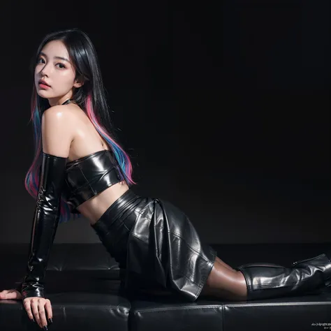 masutepiece,A hyper-realistic,32K,the Extremely Detailed CG Unity 8K Wallpapers, Best Quality,Gorgeous Korean Woman,((Black Leather Tube Top)),((Colorful long hair)),gal make,Mouth open,(((Wearing a long black leather skirt))),In the bar,Black Latex Long B...