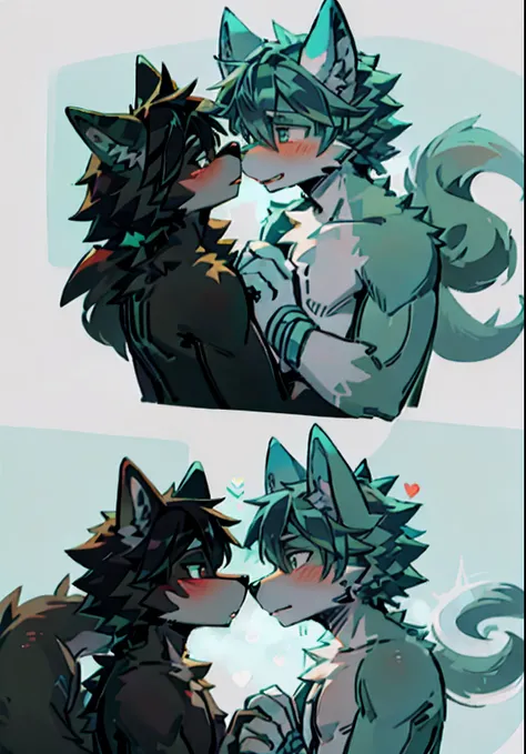 Wolf boy with dark green and teal fur， Wolf boy with white and black fur，The pupils are different，Rolled wolf ears ，Look at each other，Love，adolable，Q version，A high resolution，Bathe together，forcibly kissed，Wrap the tail，Meticulous facial expressions