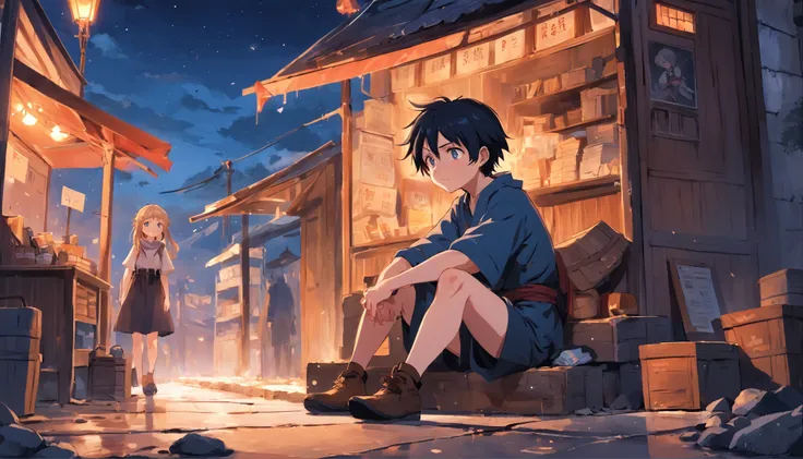 (an adventurous peasant boy, with sad countenance) and (a young peasant woman), wearing shoes, in a shop, anime style, book cover style, sunset as day gives way to night, a starry sky begins to rise above , surrounding image