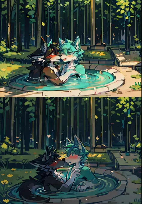 Wolf boy with dark green and teal fur， Wolf boy with white and black fur，The pupils are different，Rolled wolf ears ，Look at each other，Love，adolable，Q version，A high resolution，Bathe together，forcibly kissed，Wrap the tail，Meticulous facial expressions