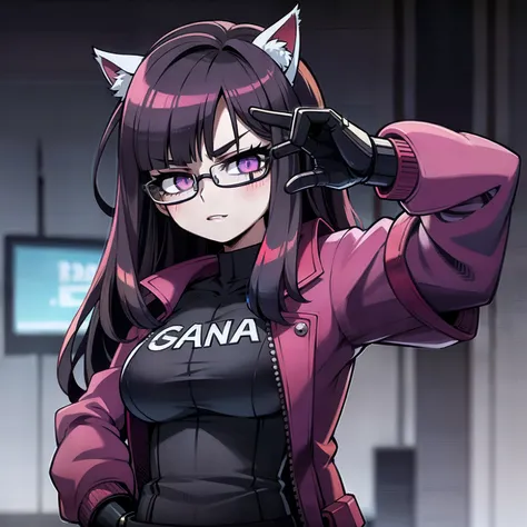 Cyberpunk menina roxo gamer, with glasseswith cat ears, olhos roxos brilhando, Cabelo preto Chanel com pontas roxa