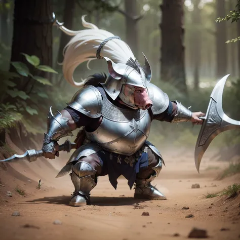 Pig people，Wears silver armor，With Tomahawks，wearing a silver helmet