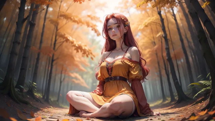 realista, 1girl, cabelo vermelho, uma mulher ruiva sorrindo com bem olhos fechados, with bohemian dress without any necklines, meditando na postura Lotus, in a forest full of autumn trees with leaves in shades of orange and red. O solo coberto de folhas cr...