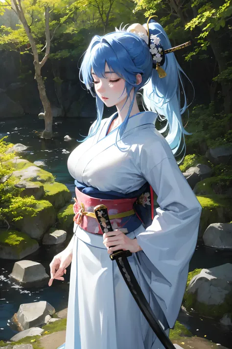 official art, masterpiece, sharp focus, (beautiful cute Japan woman:1.3), (beautiful cute Japan:1.3), japan beauty, Delicate and beautiful hair and face, realistic, ultra detailed, beautiful girl, Standing in the deep forest, long ponytail, ((ready a samur...