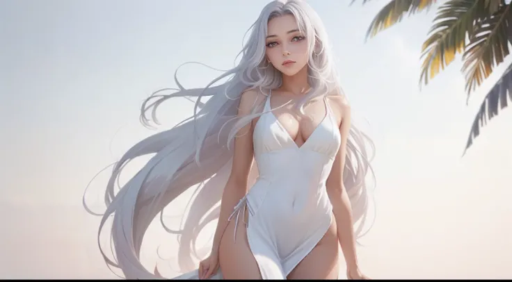 Sexy white girl with long white hair and purple eyes, long summer dress, award winning photo, SFW