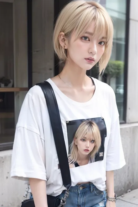 Cool casual style portrait for spring summer。The model is a Messy van with platinum blonde streaks.。She has a leather jacket、graphic t-shirt、torn jeans、Wearing combat boots。Accessories include a studded crossbody bag and chunky ring。Cool casual hairstyles。...