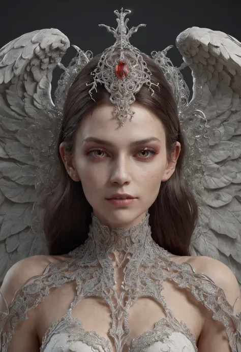 Complex 3D rendering of the beautiful angel of death in super detail, biomechanical cyborg, Analog 150 mm lens, beautiful natural soft rim light, Neon veins, roots, Fine-leaf lace, Colorful details, Boris Bijan Saberi costume, Pearl earrings, Piercing, Art...