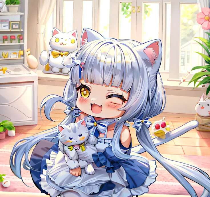 Anime characters with cat and rabbit in the room, cute anime catgirl, White Cat Girl, very beautiful cute catgirl, anime cat girl in a maid costume, beautiful anime catgirl, Pixiv style, , Blue Lolita dress, Blue double ponytail，White cat tail，Fishbone hai...