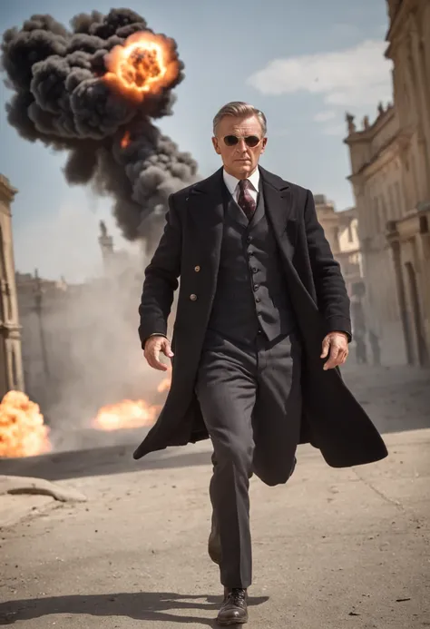 "A mysterious man walking elegantly with a dramatic explosion in the background, in a spy style worthy of 007."