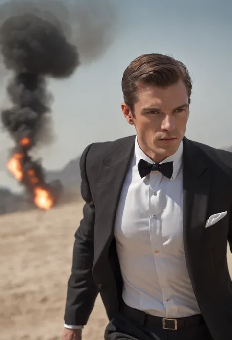 "A mysterious man walking elegantly with a dramatic explosion in the background, in a spy style worthy of 007."