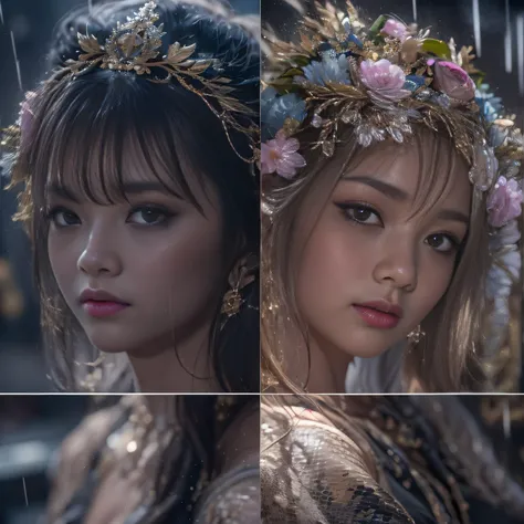 32K（tmasterpiece，k hd，hyper HD，16k）short detailed hair，Vintage train in the back room，Rain Circle Girl ，The nostrils look at people （realisticlying：1.4），Python robe，Purple-pink tiara，Rain flower，The background is pure， A high resolution， the detail， RAW ph...