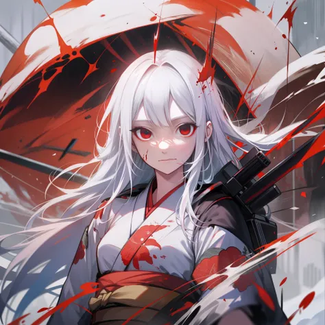 Pure white hair，teens girl，Blood red eyes, White eyes，The arms are covered with red eyes，Hold the hilt，There are a lot of knives on the knives，The left sleeve was torn，Japan kimono，The background is in the middle of the wind and snow，Battle screen，4K，Dingd...