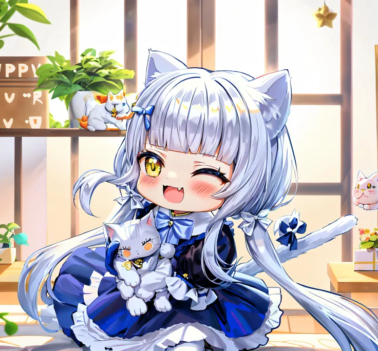 cute anime catgirl, White Cat Girl, very beautiful cute catgirl, anime cat girl in a maid costume, beautiful anime catgirl, Pixiv style, , Blue Lolita dress, Blue double ponytail，White cat tail，Fishbone hairpins，White cat ears，Holding a rabbit doll，blue ha...