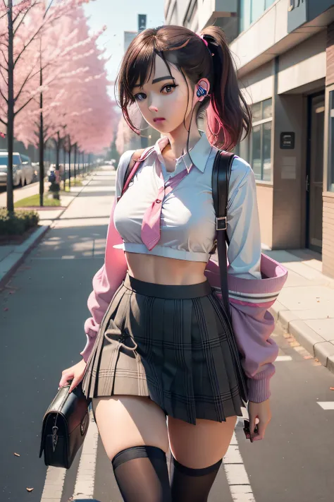 Campus background，walking down a road，A school girl，Wear crop topping suspenders，Plaid JK skirt，adolable，Chest bulge，Hair from pink，Holding a cell phone in one hand，Listen to songs with wired headphones，the sideview，with dynamism，Wearing black stockings，Ve...