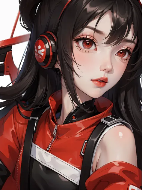 Close-up, anime girl, black hair, red eyes, black white and red techwear clothes, black white and red headphones