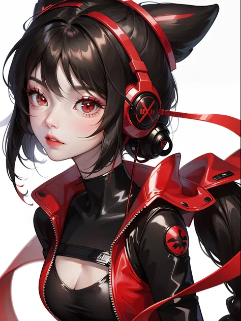 Close-up, anime girl, black hair, red eyes, black white and red techwear clothes, black white and red headphones