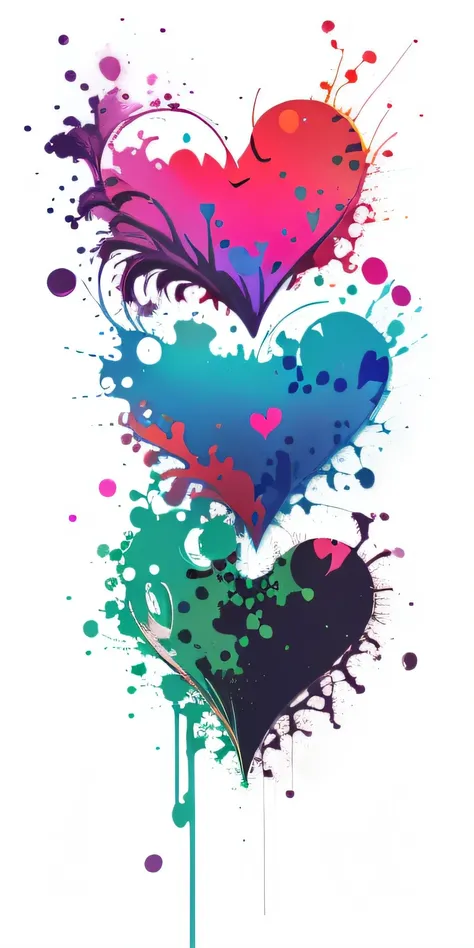 Colorful Jim Dayne style love art，Colorful heart-shaped art flying on white background，Colored broken heart，Color vector art is displayed on a color splash screen。