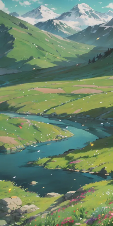 There is a painting of mountain landscapes and rivers, Anime landscape, krenz cushart and artem demura, makoto sinkai, inspired by Krenz Cushart, studio glibly makoto shinkai, ross tran. scenery background, anime countryside landscape, cushart, Makoto Shin...