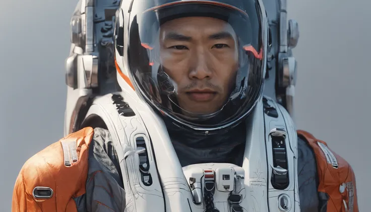 A masterpiece of detail and dynamics, Highly detailed realistic man,asian man,二重まぶた, Inside a lonely spaceship, ultra-realistic realism, Wear highly detailed Pop Art style clothing, Put on a very complex futuristic space helmet on board, Arm details, mano,...