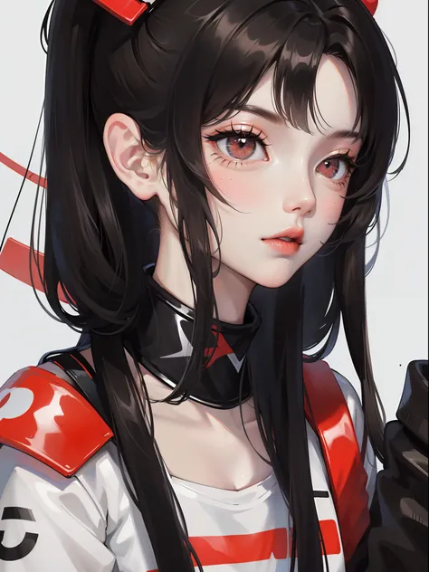 Close-up, anime girl, black tied hair, white eyes, black white and red streetwear clothes, black white and red accessories, mecha